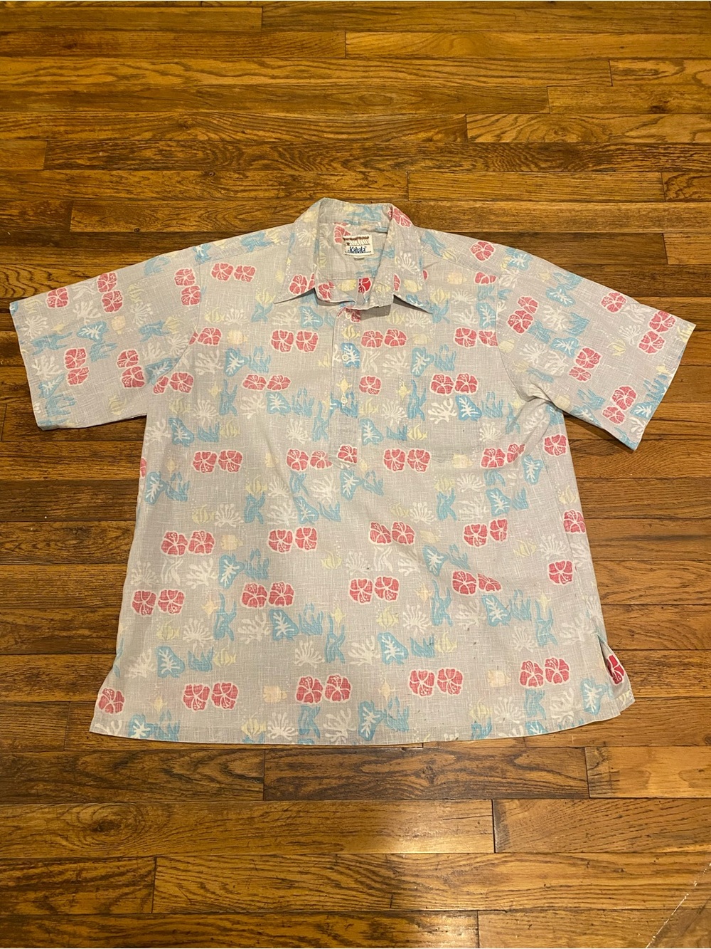Vintage Kahala 70s Reverse Print 1/4 Button Hawaiian Shirt Fish Flowers Sz XL
